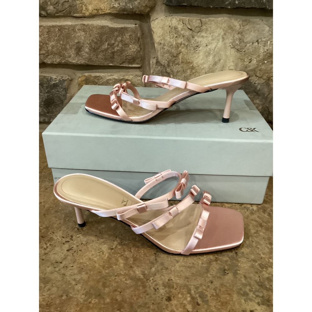 Charles & Keith Pink Satin Bow Strappy Mules Square Toe Kitten Heels Size 36